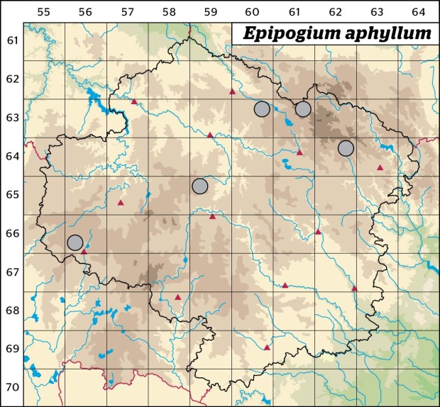 Mapa výskytu - sklenobýl bezlistý - Epipogium aphyllum