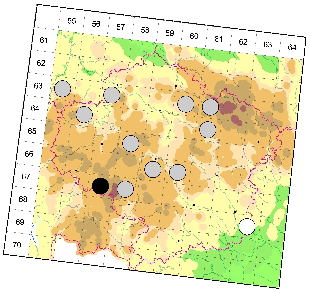 Mapa výskytu - křižák načervenalý - Araneus alsine