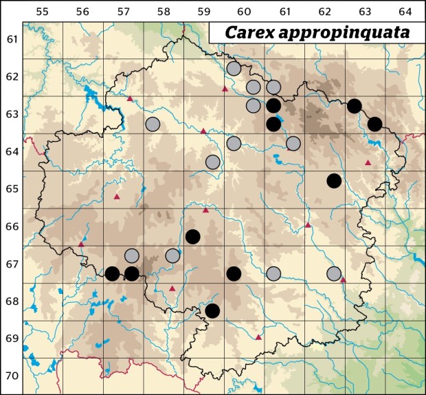 Mapa výskytu - ostřice odchylná - Carex appropinquata