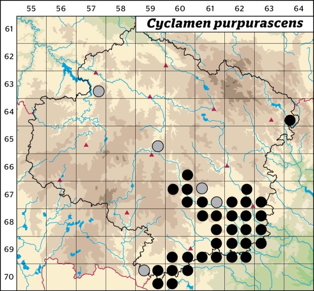 Mapa výskytu - brambořík nachový - Cyclamen purpurascens