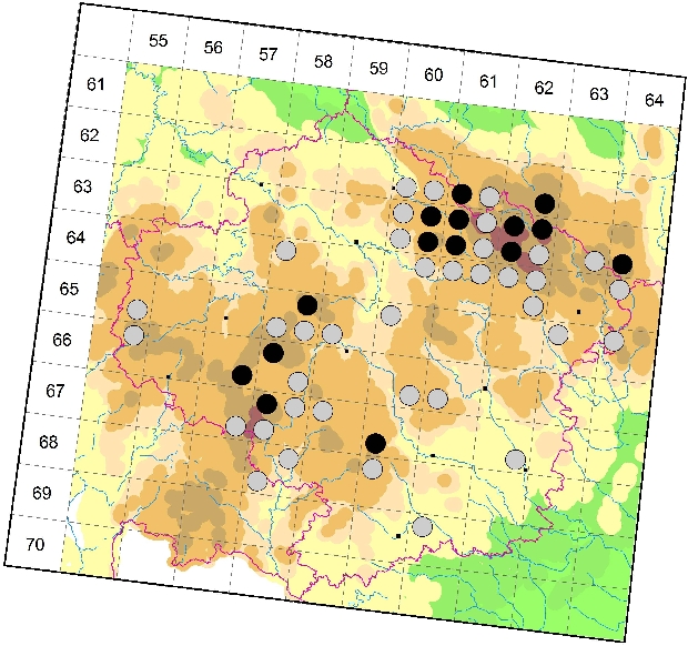 Mapa výskytu - prstnatec fuchsův - Dactylorhiza fuchsii