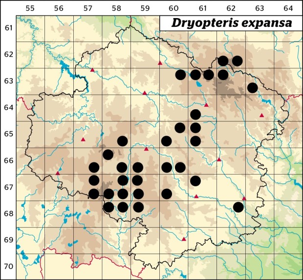 Mapa výskytu - kapraď podobná - Dryopteris expansa