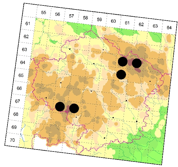 Mapa výskytu - vážka čárkovaná - Leucorrhinia dubia