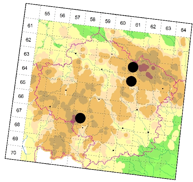 Mapa výskytu - vážka tmavoskvrnná - Leucorrhinia rubicunda