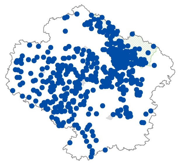 Mapa výskytu - skokan krátkonohý - Pelophylax lessonae