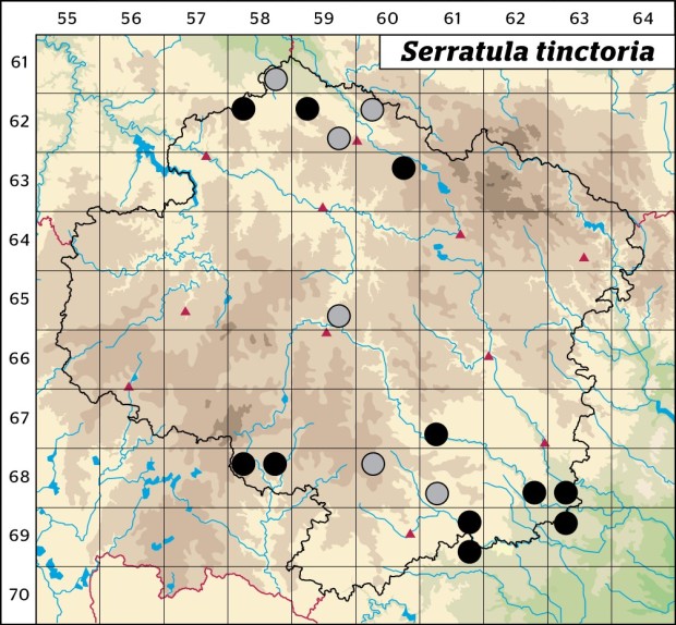 Mapa výskytu - srpice barvířská - Serratula tinctoria