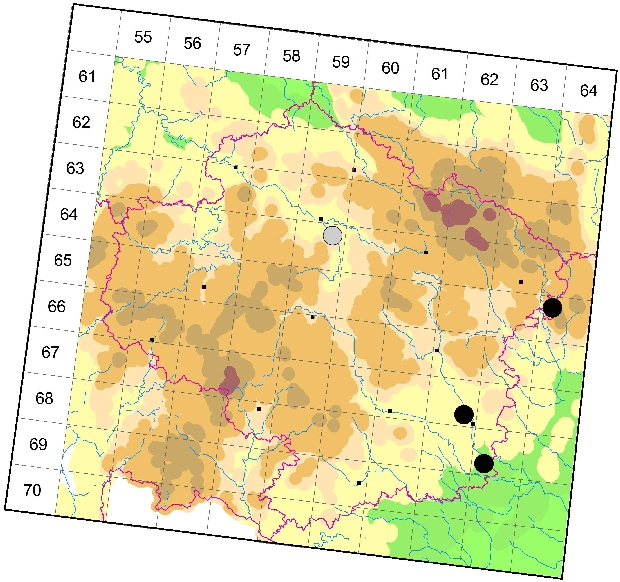 Mapa výskytu - silenka lepkavá - Silene viscosa